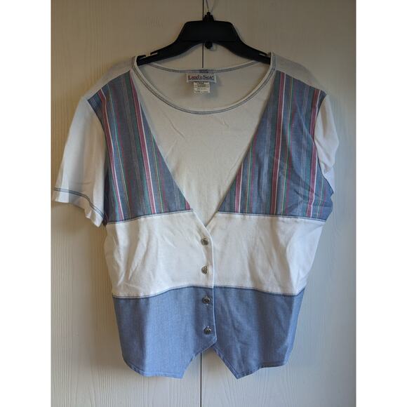 VTG 1980s Land'n Sea Women's Short Sleeve Blue White Round Neck Top Size L/G - Picture 1 of 6